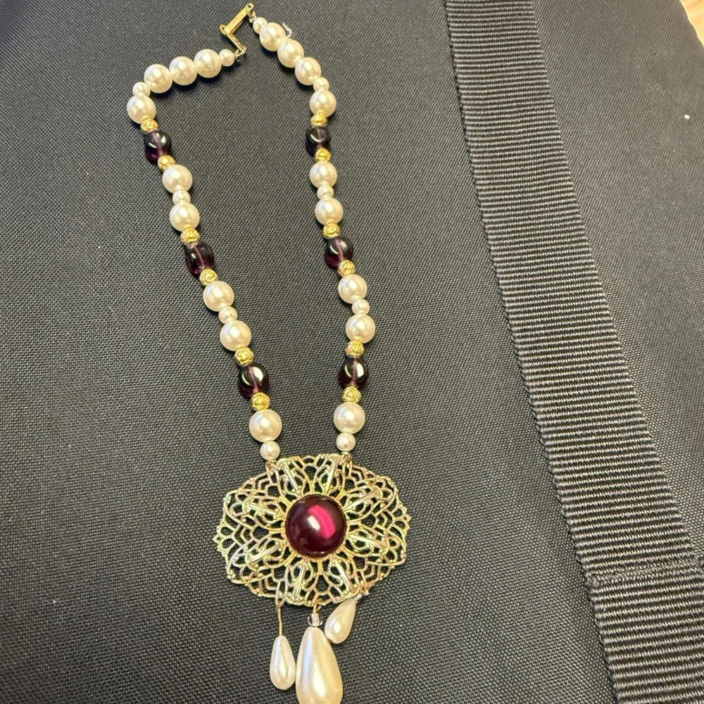 Vintage V.A. Faux Pearl Purple Glass Bead Filigree Pendant Necklace Gold Tone